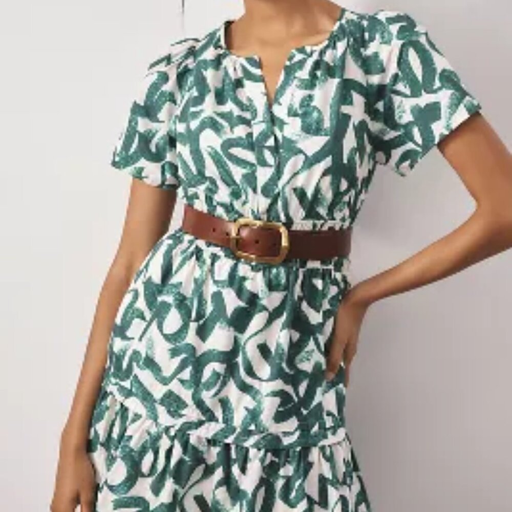 Anthropologie White and Green Printed Tiered Mini Dress